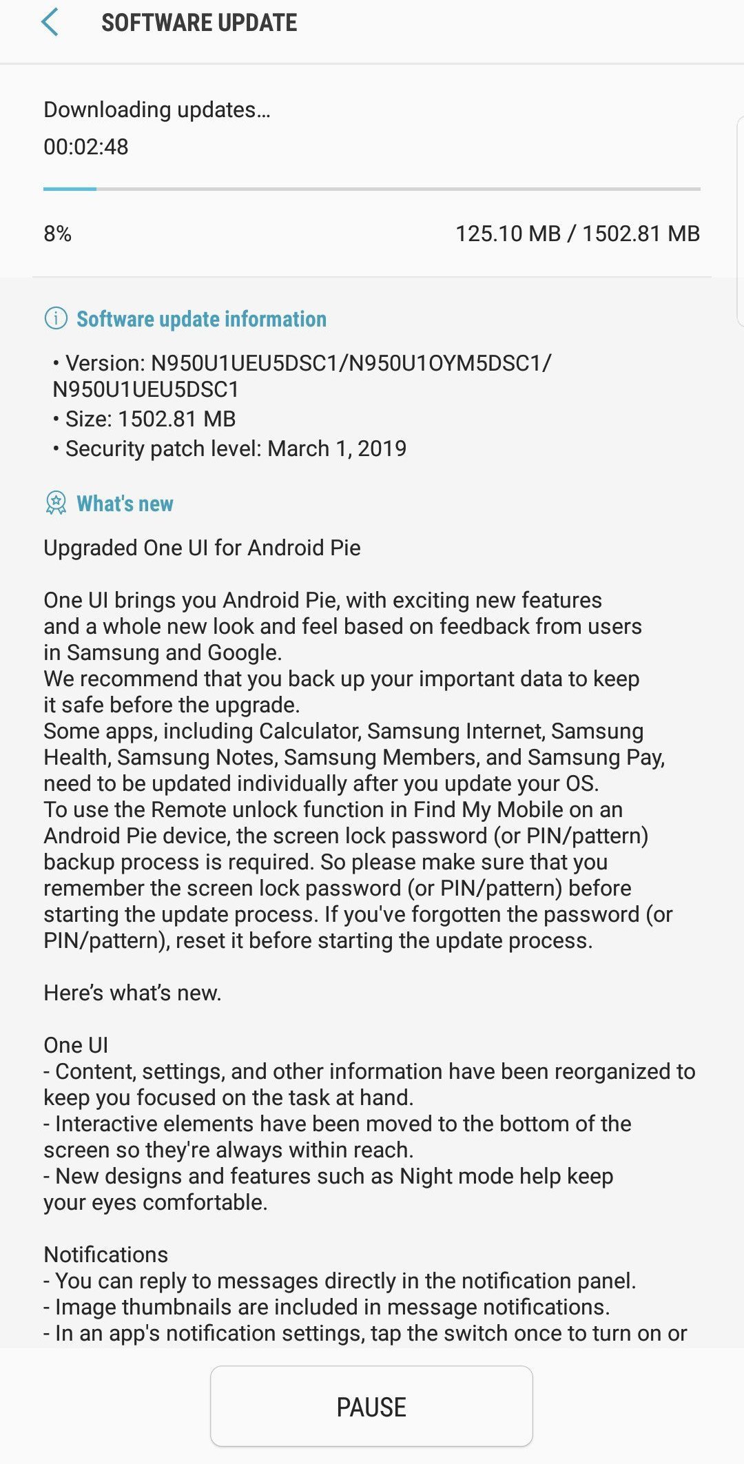 Note 8 Update