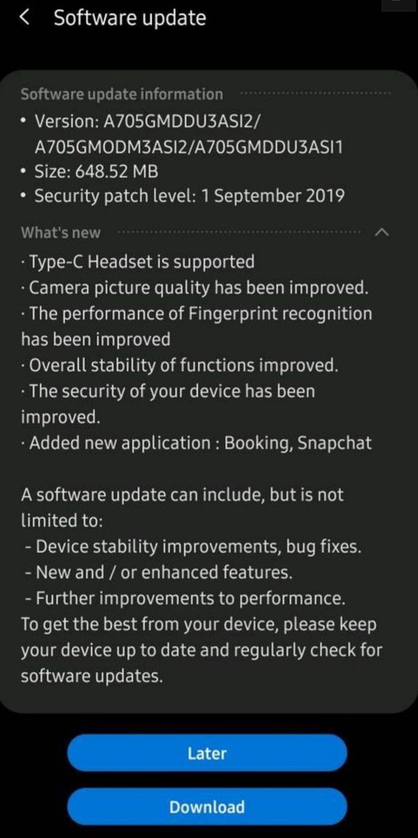 Galaxy A70 Update