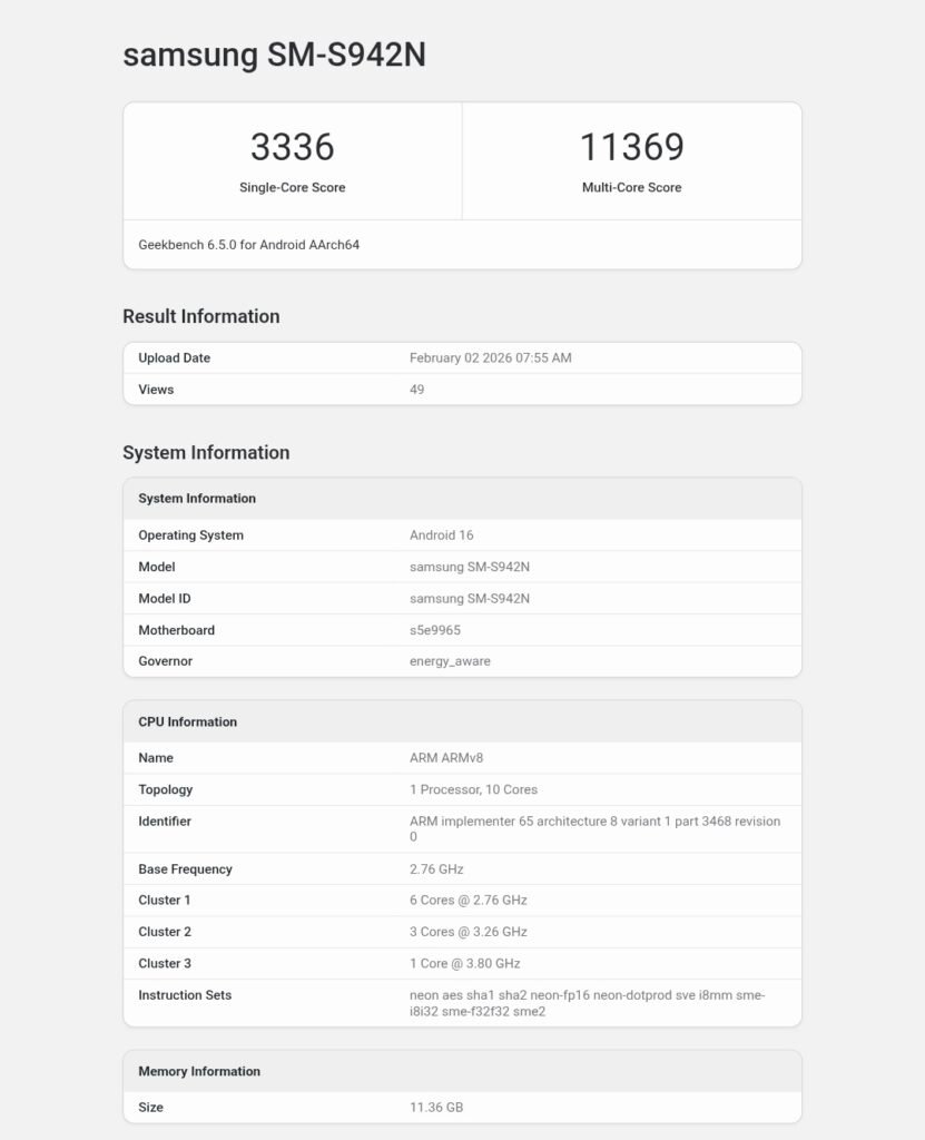 Galaxy S26 Geekbench Score